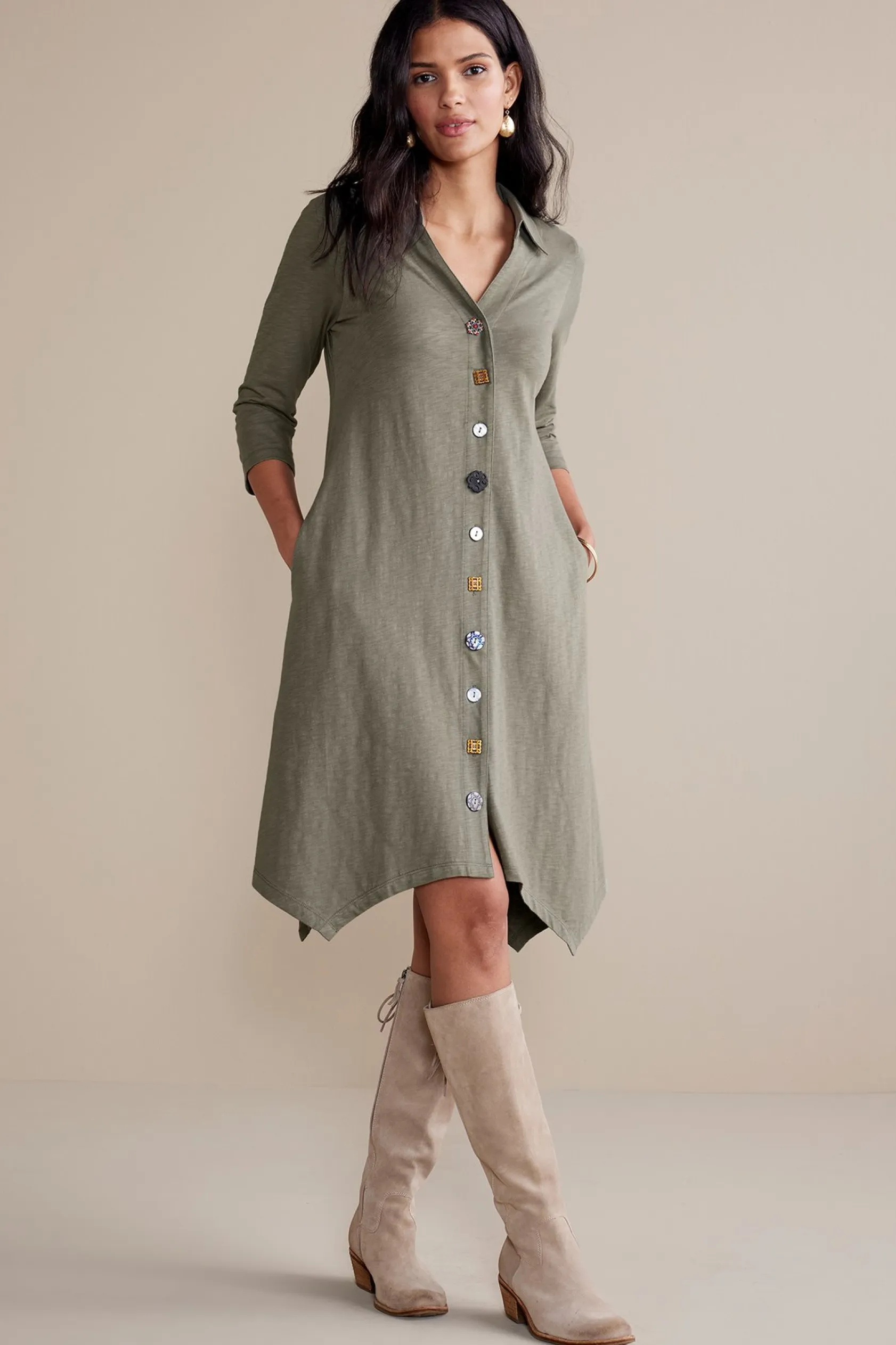Soft Surroundings 3/4 Sleeve Danielle Button Dress