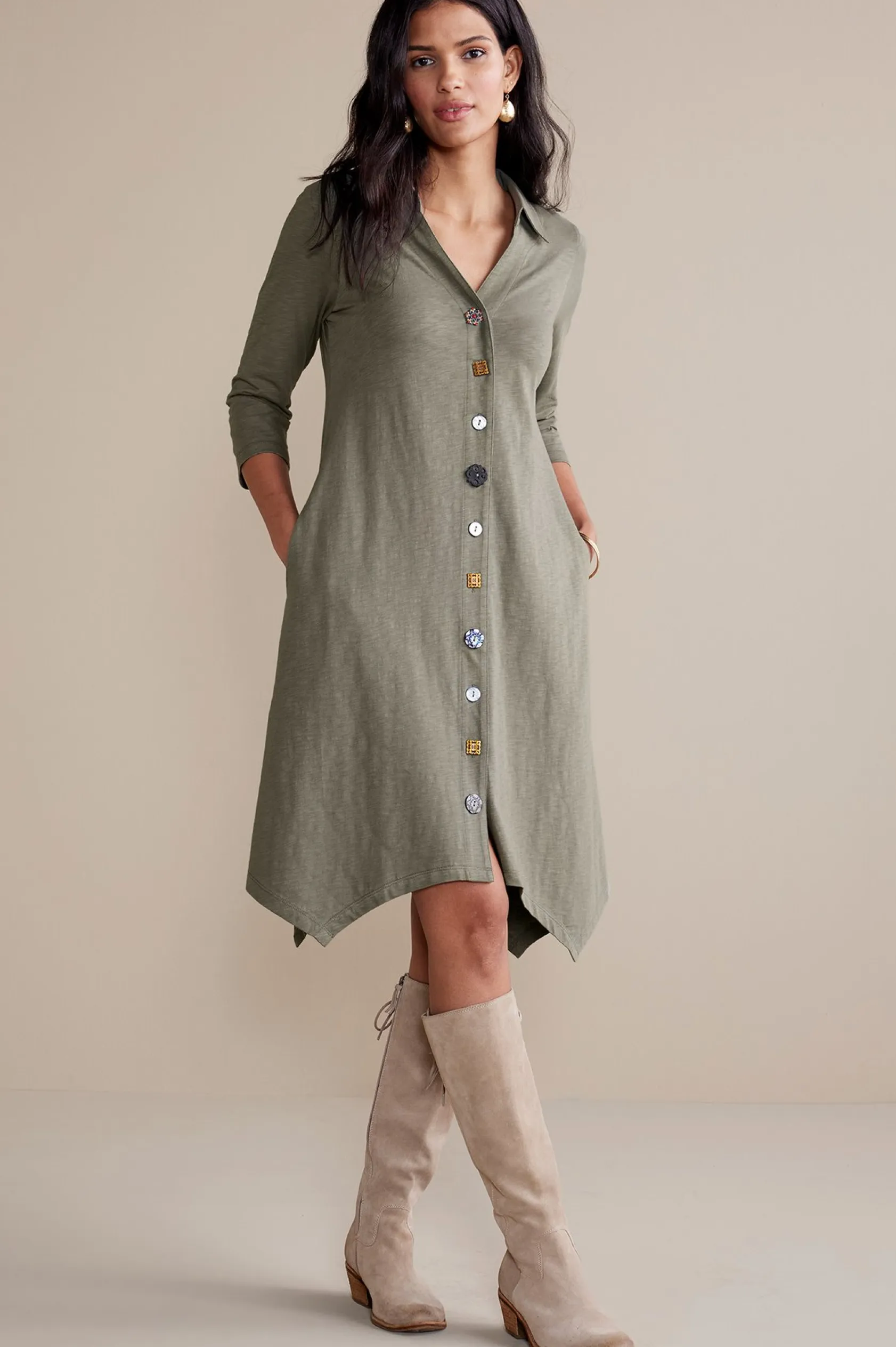Soft Surroundings 3/4 Sleeve Danielle Button Dress