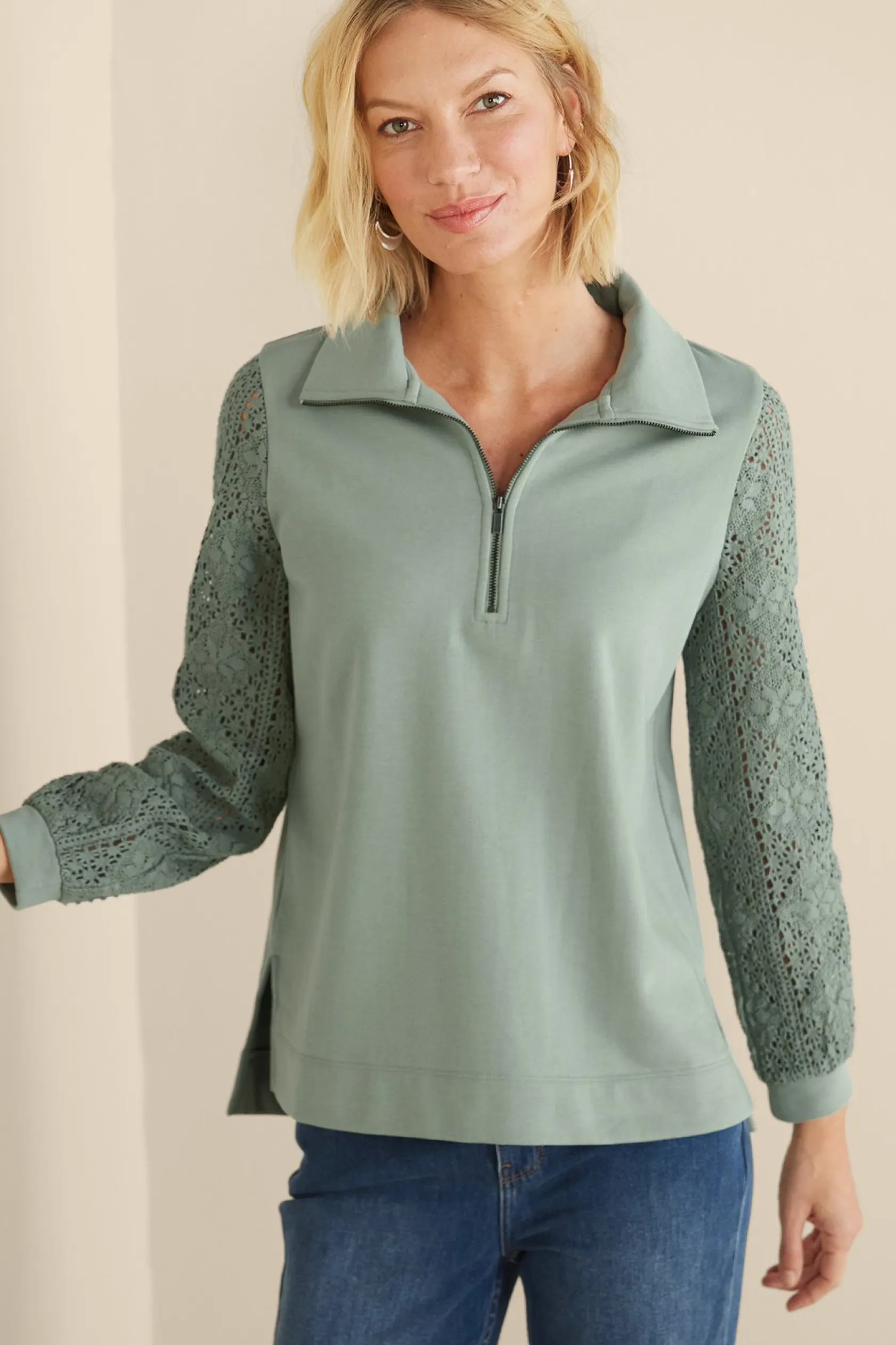 Soft Surroundings Crochet Sleeve French Terry Tunic