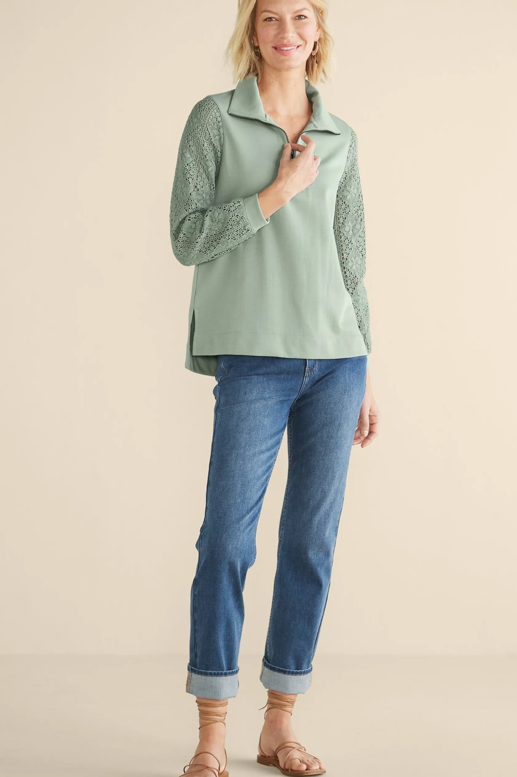 Soft Surroundings Crochet Sleeve French Terry Tunic