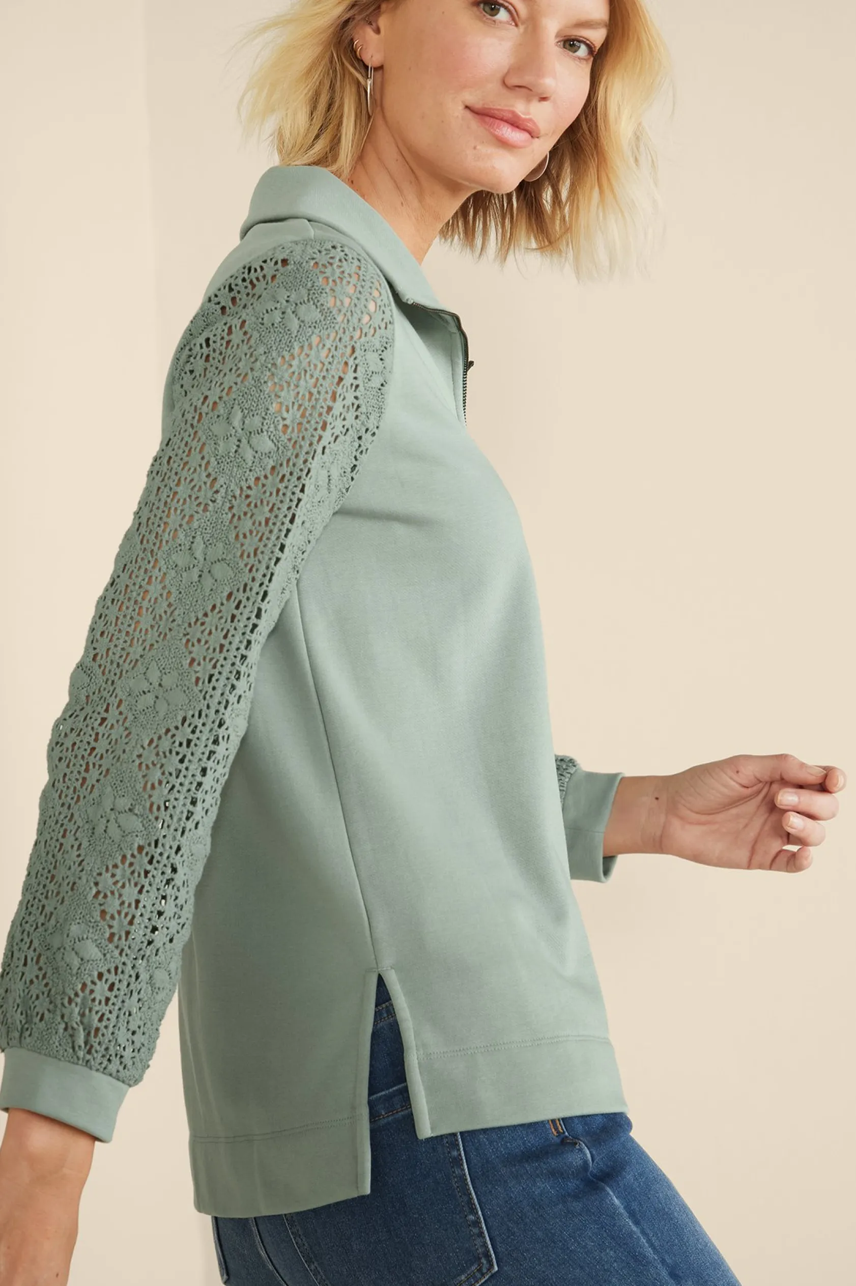 Soft Surroundings Crochet Sleeve French Terry Tunic