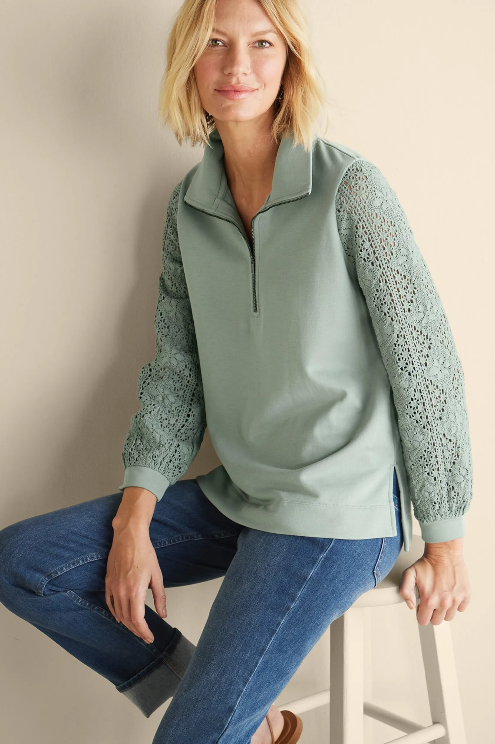 Soft Surroundings Crochet Sleeve French Terry Tunic