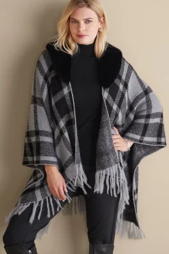 Soft Surroundings Demetria Plaid Poncho with Fur Collar