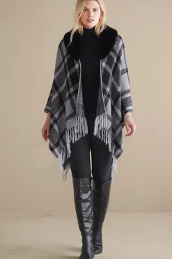 Soft Surroundings Demetria Plaid Poncho with Fur Collar