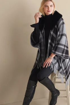 Soft Surroundings Demetria Plaid Poncho with Fur Collar